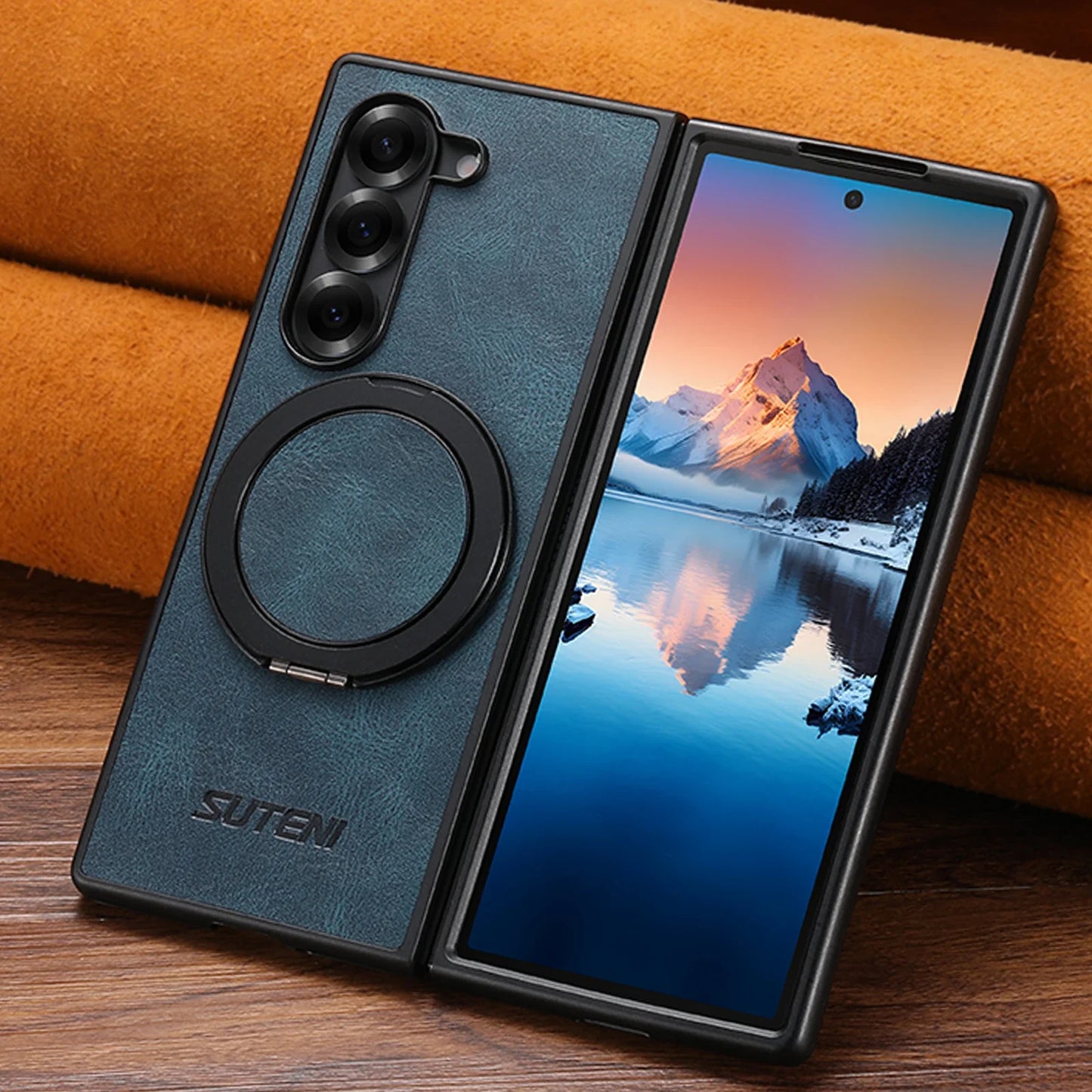 Magnetic Leather Ring Case with Stand